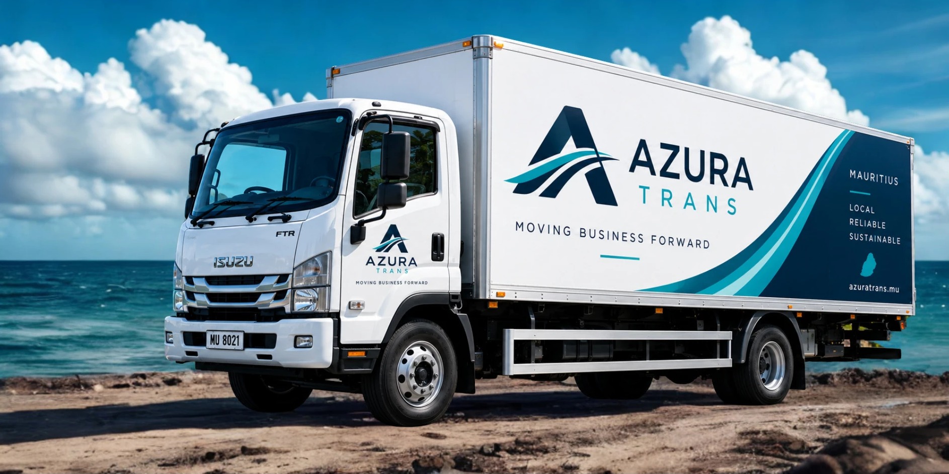 An Azura Trans delivery truck on the road in Mauritius